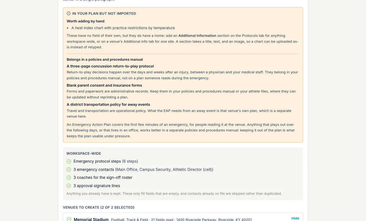 Import review screen showing what was read from an uploaded plan, what it could not use, and a venue's fields with blanks marked